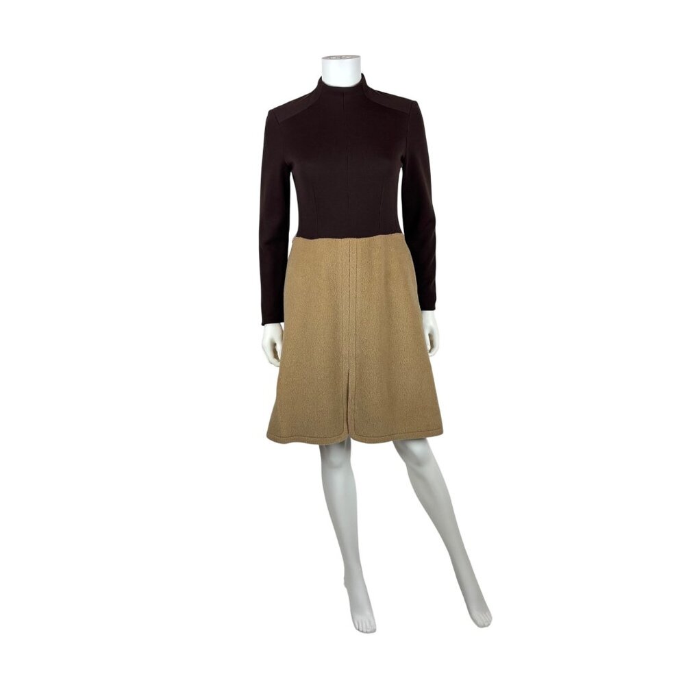 Vintage 60s Mod Dress Womens Small Wool Blend Brown Beige Knee Length Mockneck